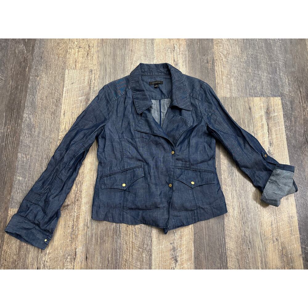 Ann Taylor Womens Blue Linen Blend Snap Front Utility Jacket Blazer Size S